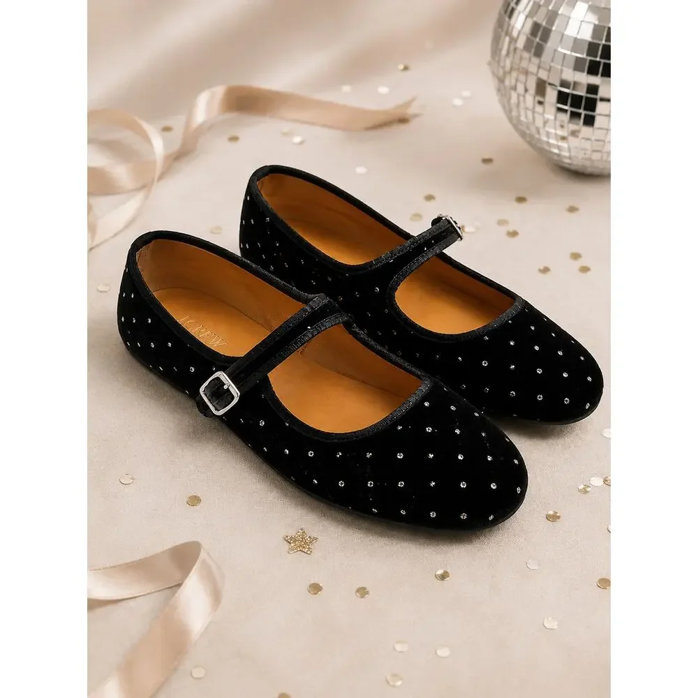 J. CREW Girls Velvet Mary Jane Flats Black Silver Dot K4
